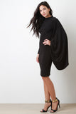 Open Back Mock Neck One Shoulder Cape Long Sleeves Midi Dress